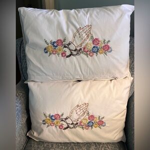 Set of two Floral Embroidered Pillowcases plus pillows with Praying Hands Design